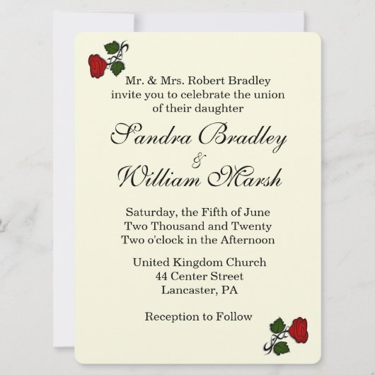 Red Rose Cream Wedding Invitation Kaart (Voorkant)