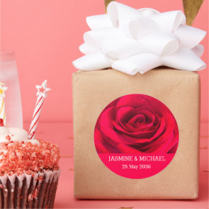 Red Rose Custom Name Floral Wedding, Verloving Ronde Sticker