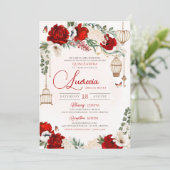 Red Rose Elegant Botanical Butterfly Quinceañera Kaart (Staand voorkant)