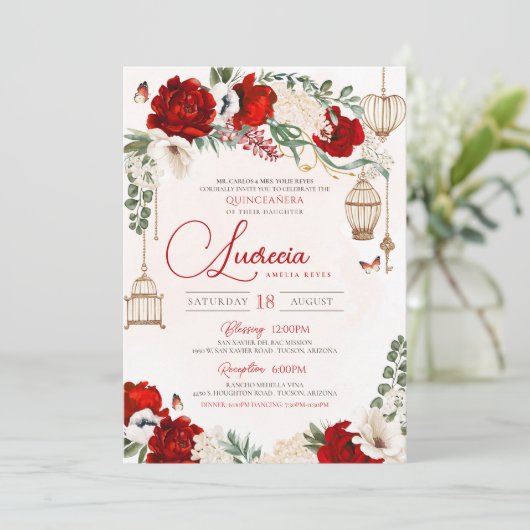 Red Rose Elegant Botanical Butterfly Quinceañera Kaart (Staand voorkant)