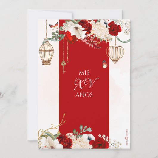 Red Rose Elegant Botanical Butterfly Quinceañera Kaart (Achterkant)