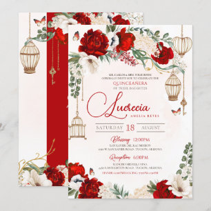 Red Rose Elegant Botanical Butterfly Quinceañera Kaart