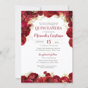 Red Rose Elegant Floral Quinceanera Kaart
