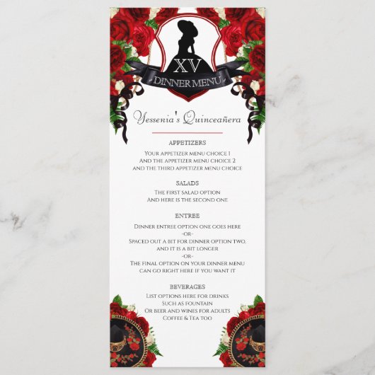 Red Rose Elegant Mariachi Charro Quinceanera Menu (Voorkant)