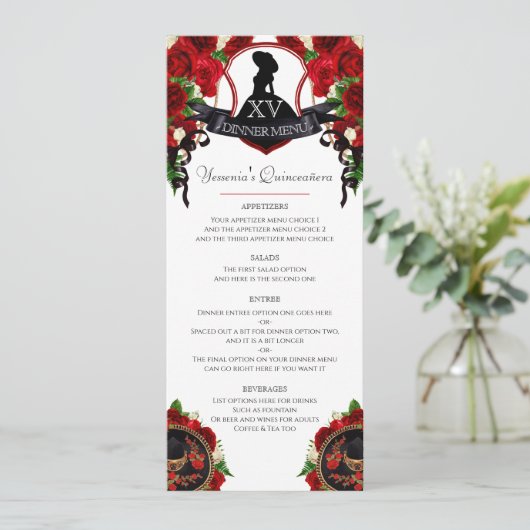 Red Rose Elegant Mariachi Charro Quinceanera Menu (Staand voorkant)
