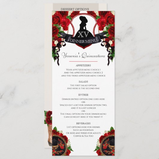 Red Rose Elegant Mariachi Charro Quinceanera Menu (Voorkant / Achterkant)