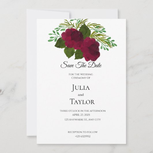 Red Rose Elegant Save the Date Card – Minimal Rom (Voorkant)