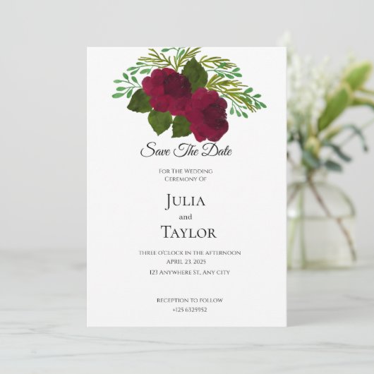  Red Rose Elegant Save the Date Card – Minimal Rom (Staand voorkant)