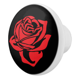 Red Rose en Black Ceramic Knob. Keramische Knop