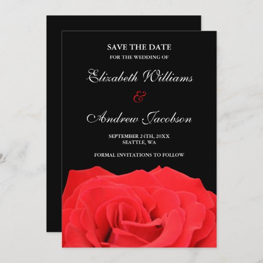 Red Rose en Black Wedding Save the Date (Voorkant / Achterkant)