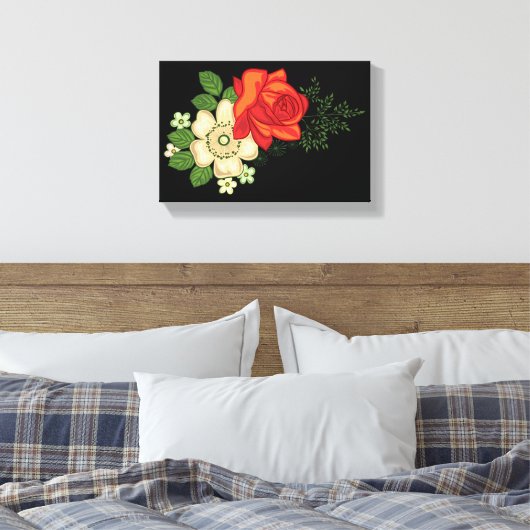 Red Rose en Daisies Black Achtergrond Canvas Afdruk (Insitu (Slaapkamer))
