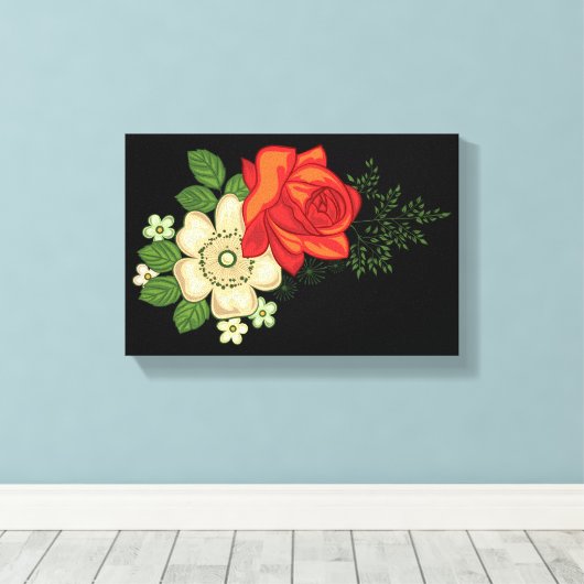 Red Rose en Daisies Black Achtergrond Canvas Afdruk (Insitu (Houten vloer))