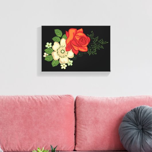 Red Rose en Daisies Black Achtergrond Canvas Afdruk (Insitu (Woonkamer))