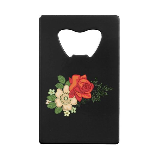Red Rose en Daisies Black Achtergrond Creditkaart Flessenopener (Voorkant)