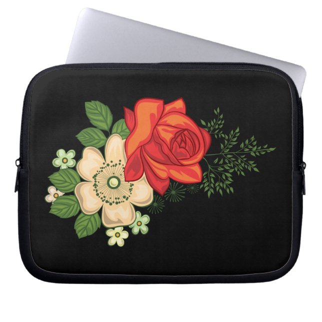 Red Rose en Daisies Black Achtergrond Laptop Sleeve (Voorkant)