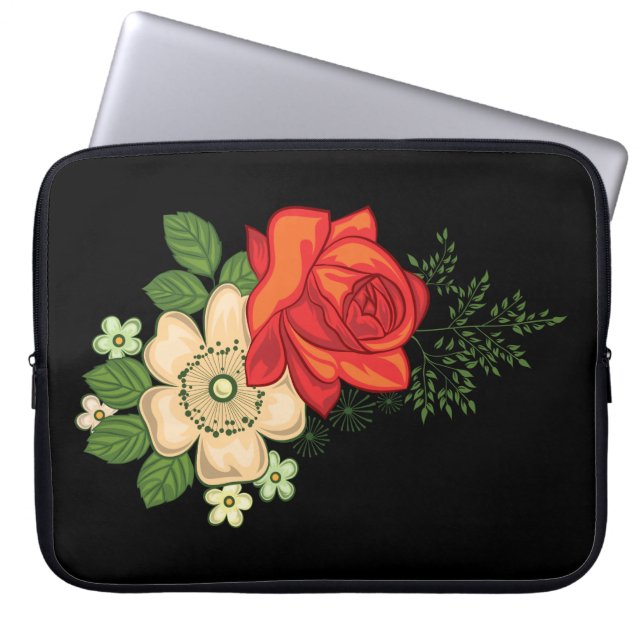 Red Rose en Daisies Black Achtergrond Laptop Sleeve (Voorkant)