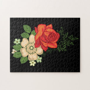 Red Rose en Daisies Black Achtergrond Legpuzzel