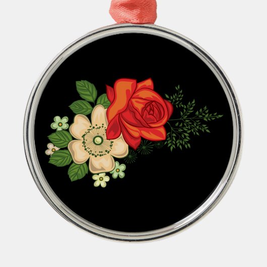 Red Rose en Daisies Black Achtergrond Metalen Ornament (Voorkant)
