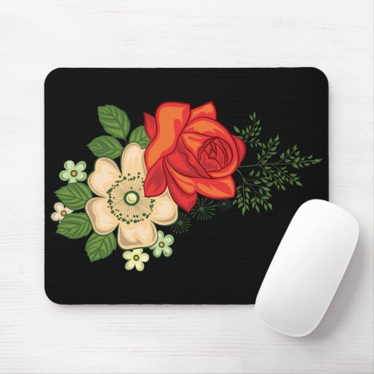 Red Rose en Daisies Black Achtergrond Muismat (Met muis)