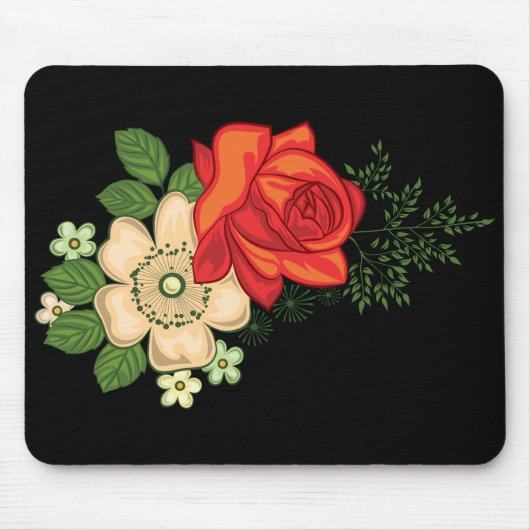 Red Rose en Daisies Black Achtergrond Muismat (Voorkant)