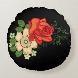 Red Rose en Daisies Black Achtergrond Rond Kussen