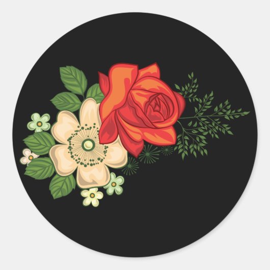 Red Rose en Daisies Black Achtergrond Ronde Sticker (Voorkant)