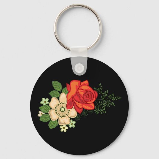 Red Rose en Daisies Black Achtergrond Sleutelhanger (Voorkant)