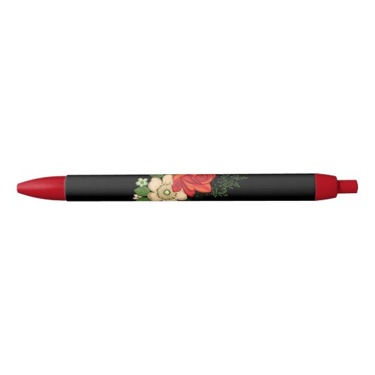 Red Rose en Daisies Black Achtergrond Zwarte Inkt Pen (Voorkant)