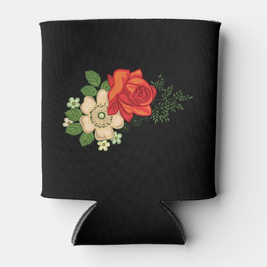 Red Rose en Daisies Black Background Koelbox Blikjeskoeler (Voorkant)