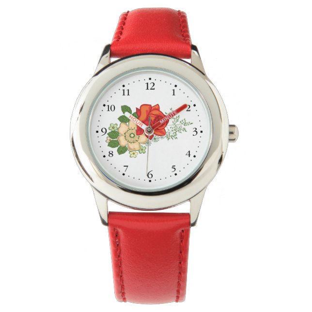 Red Rose en Daisies Clockface 1 Black Horloge (Voorkant)