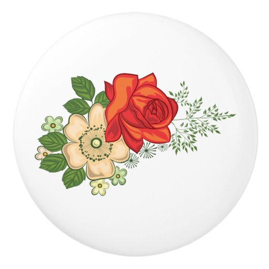 Red Rose en Daisies Keramische Knop (Voorkant)