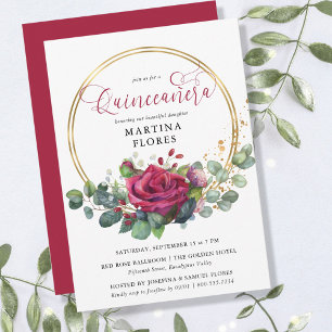 Red Rose en Eucalyptus Elegant Floral Quinceanera Kaart