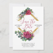 Red Rose en Eucalyptus Elegant Quinceanera Save The Date (Voorkant)