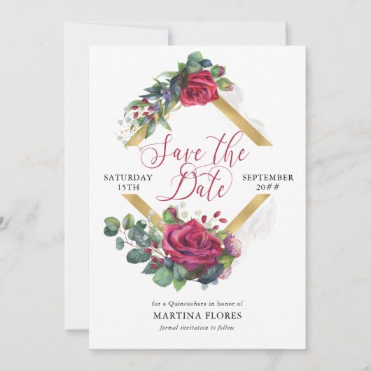 Red Rose en Eucalyptus Elegant Quinceanera Save The Date (Voorkant)