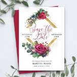 Red Rose en Eucalyptus Elegant Quinceanera Save The Date<br><div class="desc">Red Rose en Eucalyptus Quinceanera sparen de Datum - die u gemakkelijk kunt aanpassen om het even welke gelegenheid aan te passen! Het ontwerp is voorzien van elegante kalligrafie, rozen bloemen, eucalyptusbladeren en groen. De florale opstelling wordt ingesteld in een goud geometrisch diamantvormig lijst. Als je producten wilt aanpassen, surf...</div>