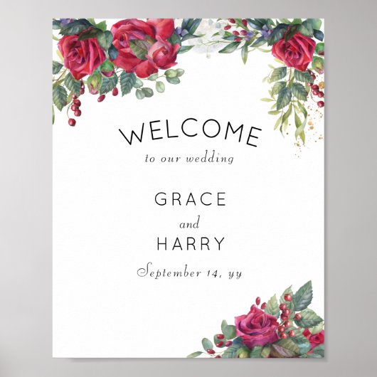 Red Rose en Eucalyptus Weddenschap Welkom Poster (Voorkant)