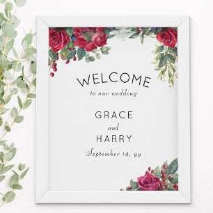 Red Rose en Eucalyptus Weddenschap Welkom Poster