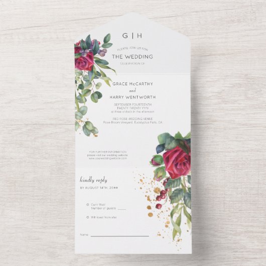 Red Rose en Eucalyptus Wedding All In One Uitnodiging (Binnen)