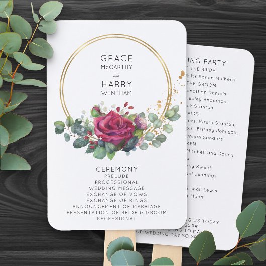 Red Rose en Eucalyptus Wedding Program Hand Fan Handwaaier