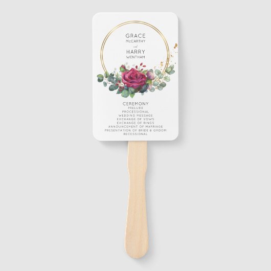 Red Rose en Eucalyptus Wedding Program Hand Fan Handwaaier (Voorkant)
