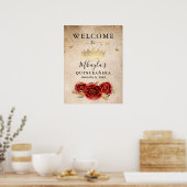 Red Rose en Gold Crown Elegant Welkomstfeest Poster (Keuken)