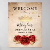 Red Rose en Gold Crown Elegant Welkomstfeest Poster (Voorkant)