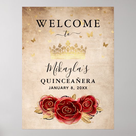 Red Rose en Gold Crown Elegant Welkomstfeest Poster (Voorkant)