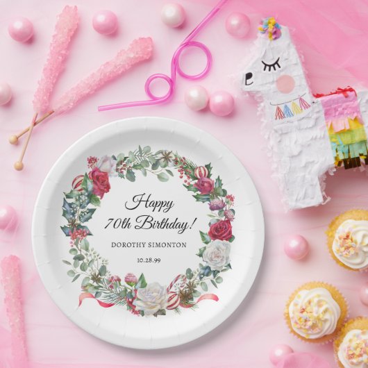 Red Rose en Holly 70e verjaardag Elegant Papieren Bordje (Feest)