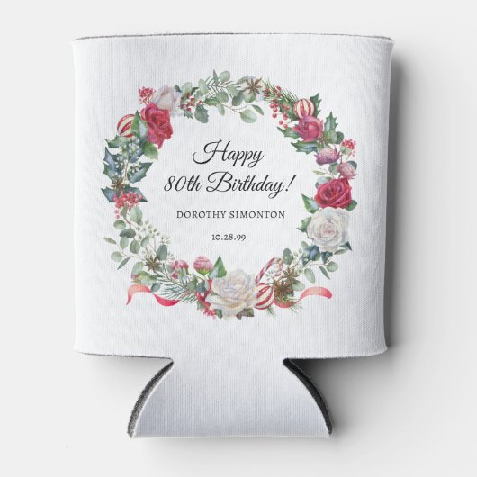 Red Rose en Holly 80ste verjaardag Elegant Blikjeskoeler (Voorkant)