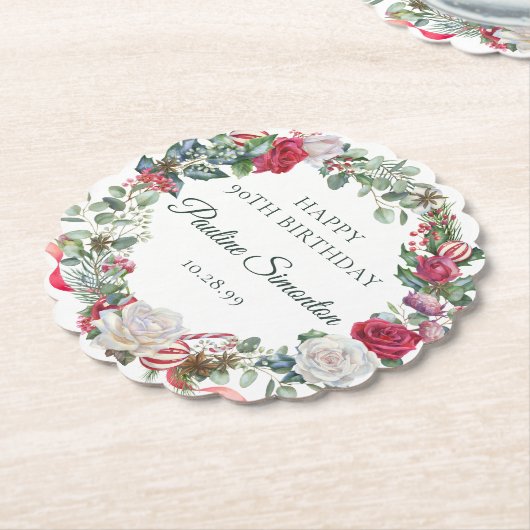 Red Rose en Holly 90ste verjaardag Elegant Kartonnen Onderzetters (Gekanteld)