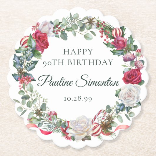 Red Rose en Holly 90ste verjaardag Elegant Kartonnen Onderzetters (Voorkant)