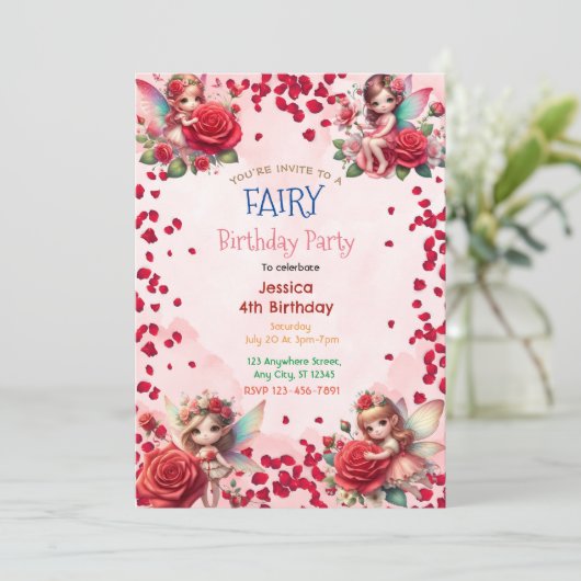 Red Rose Fairy: Betoverde Uitnodiging voor Verjaar (Staand voorkant)