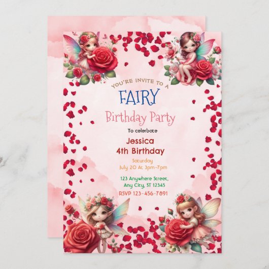 Red Rose Fairy: Betoverde Uitnodiging voor Verjaar (Voorkant / Achterkant)