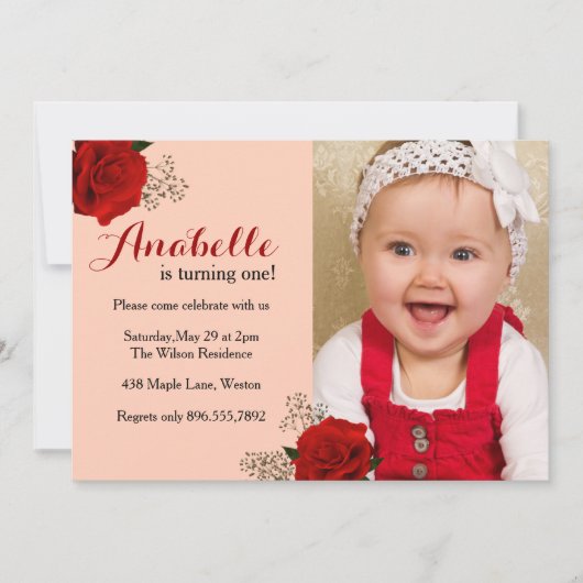 Red Rose First Birthday Invitation Kaart (Voorkant)